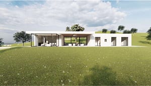 Visualisierung: moderner Neubau-Bungalow mit großer Veranda in Panoramalage